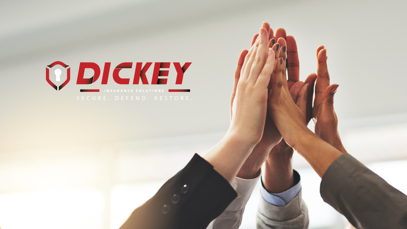hands high fiving celebrating success with dickey insurance solutions logo