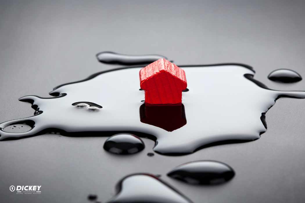Image of red miniature wooden house surrounded by a puddle of water symbolizing flooding